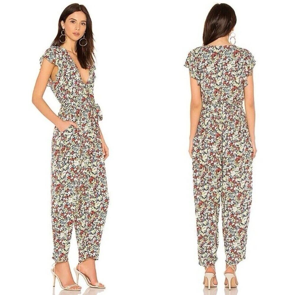 Free People S Ruffle Your Feathers Spring Floral Jumpsuit One Piece Boho Pockets